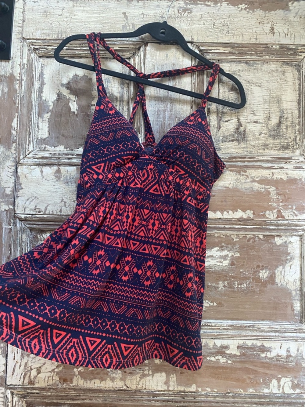 Pink Republic Navy and Coral Tribal Print Top, Empire Waist, Racerback, Size M